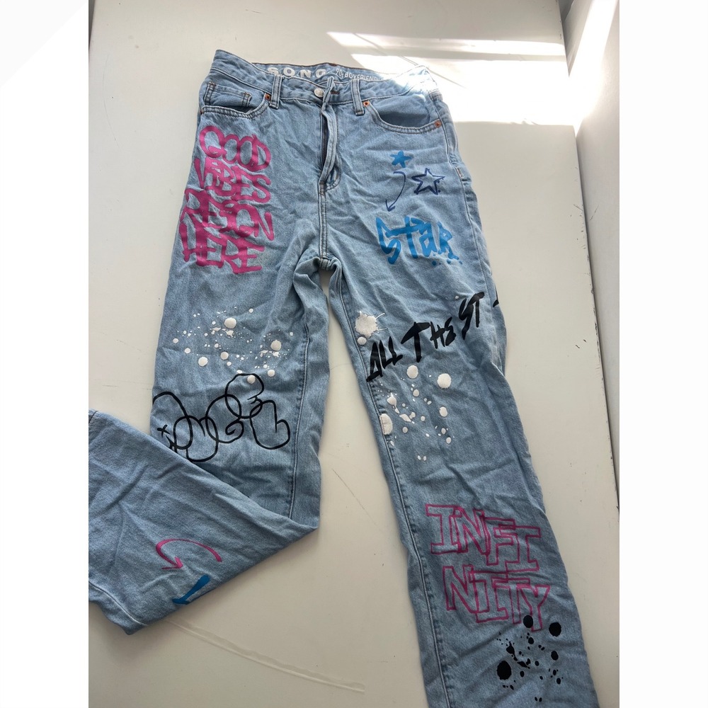 SONG 90s Boyfriend Jeans Light Wash Graffiti Paint Splatter Vintage Size 5/27